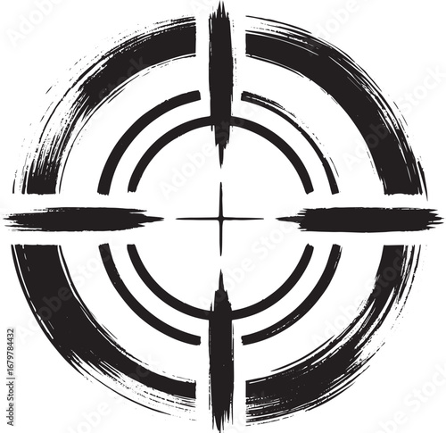 Abstract brushstroke crosshair icon with sumi-e art style on whi