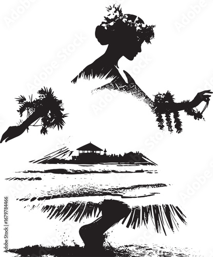 Silhouette of a Hawaiian dancer, landscape, and cultural elements in black and white artwork