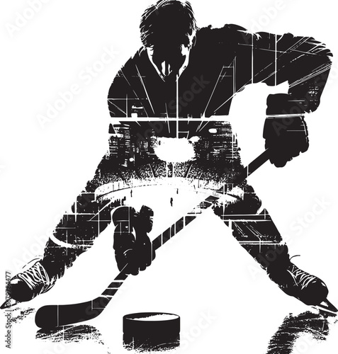 Silhouette of a Hockey Player in Action with Puck and Stick Graphic Illustration