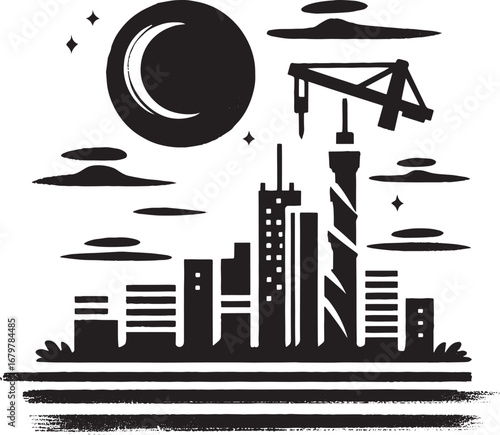 Cityscape construction in minimalist sumi-e style, skyline renew