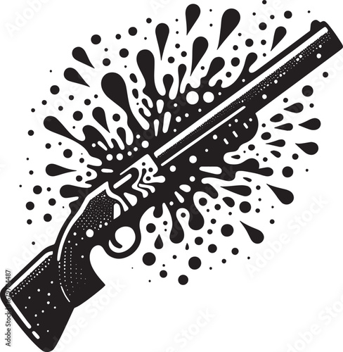 Graphic illustration of a shotgun with ink splatters, perfect for design or a logo