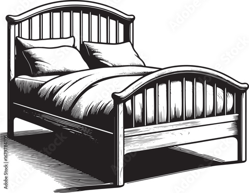 Vintage illustration of a cozy bed with pillows and a blanket in black and white