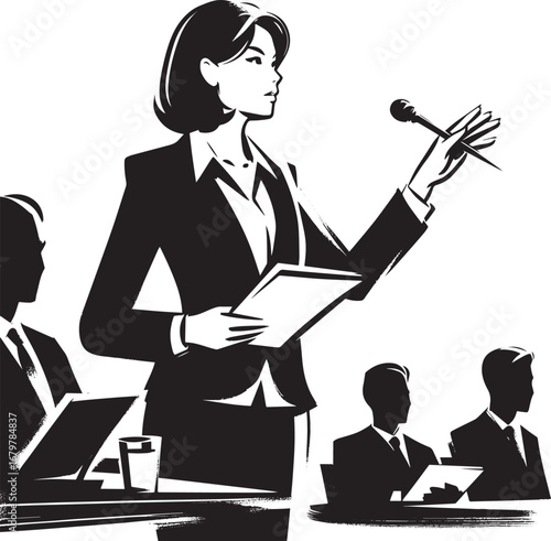Elegant Illustration of a Woman Moderating a Panel Discussion in
