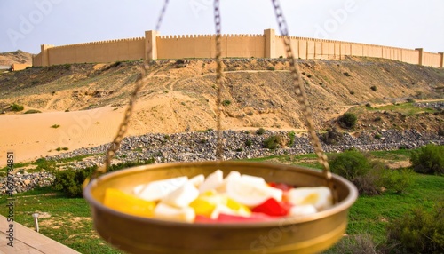 Fototapeta Naklejka Na Ścianę i Meble -  Aerial View of Beige Sand Dunes and Ancient Desert Fortifications