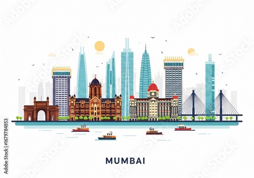 Colorful Mumbai City Skyline Vector Illustration Isolated on White Background