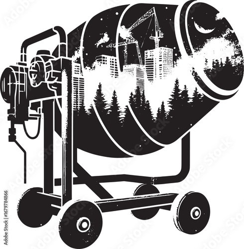 Creative illustration showcasing a concrete mixer machine with a landscape inside its barrel,