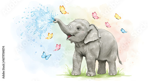 Adorable Watercolor Illustration of Happy Elephant Spraying Water Amidst Vibrant Butterflies
