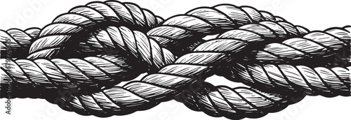 Detailed woodcut illustration of entwined mooring lines on a pla