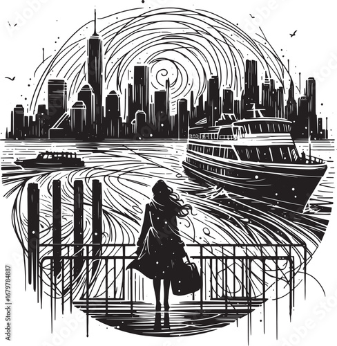 Illustration of a woman contemplating the cityscape with boats, a fusion of art and urban life