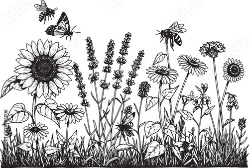 Delicate monochrome floral meadow teeming with beneficial insect