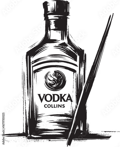 Minimalist Sumi-e Illustration of Vodka Collins Bottle with Brus