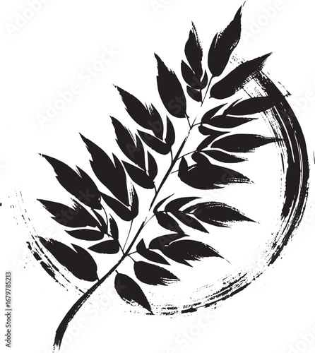 Black Locust Leaf Depicted in Minimalist Sumi-e Style with Brush