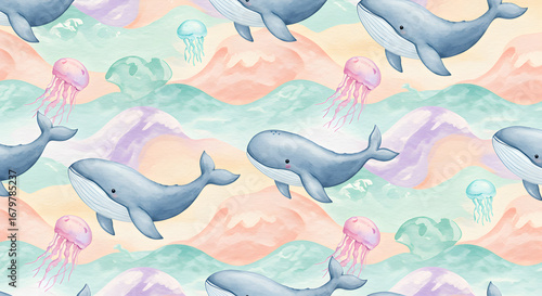 Adorable Watercolor Marine Life Scene with Whales and Jellyfish in Gentle Pastel Tones