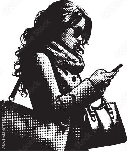 Stylish Woman Engrossed in Her Phone, Silhouetted in Monochrome with Fashion Accessories