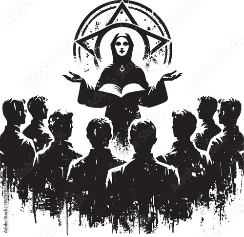 Mystical gathering: A hooded figure leading a group in a ritualistic ceremony in a dark environment