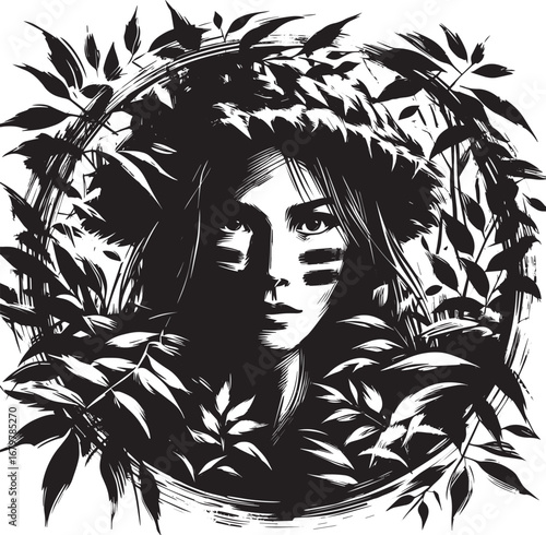 Mysterious gaze: A woman veiled by foliage in minimalist ink ill