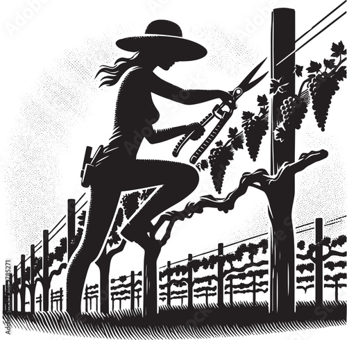 Silhouette of a Woman Pruning Grapes in a Vineyard During Harvest Season in Monochrome Style