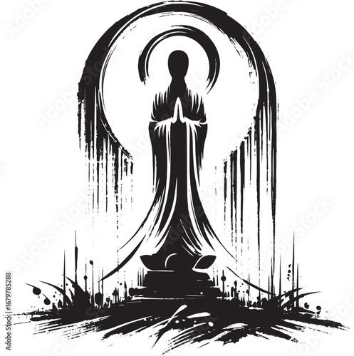 Minimalist sumi-e style illustration of a religious figure in pr