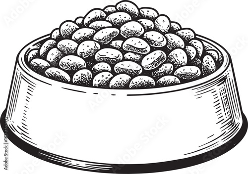 Woodcut style illustration of a dog food bowl overflowing with k