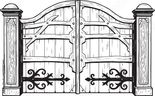 Majestic woodcut illustration of antique wooden gates with ornat