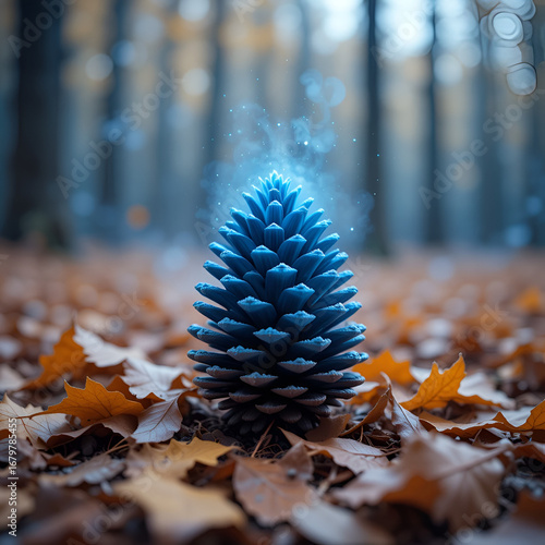Blue pine cone on a blanket of fallen autumn leaves with a blurred forest backdrop creating a whimsical  magical outdo
