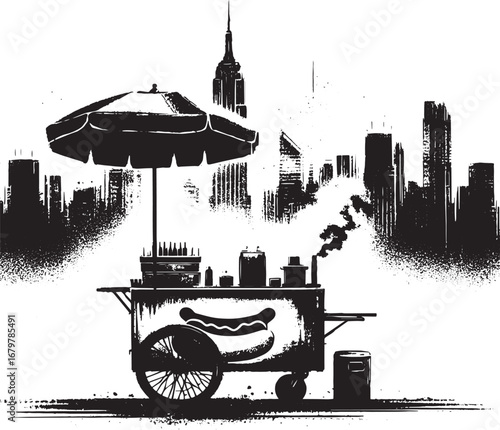 Silhouette of a New York City hot dog cart with skyline background, urban food scene