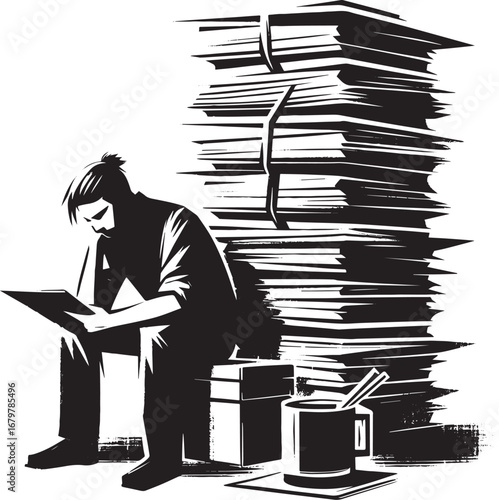 Monochrome illustration showcasing a figure immersed in paperwor