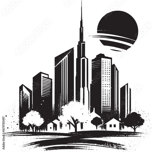Monochrome cityscape with skyscrapers houses and stylized sun in