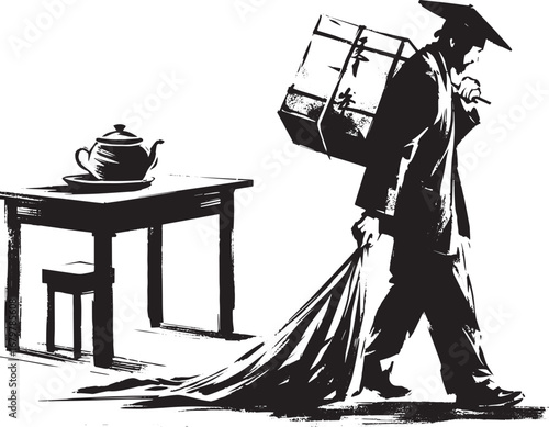 Sumi-e illustration depicting a scholar transporting precious ca