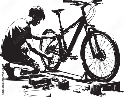 Minimalist sumi-e illustration of a man assembling a new bicycle