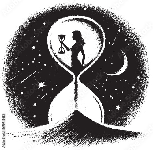 Artistic depiction of time: Woman within an hourglass against a starry night sky background