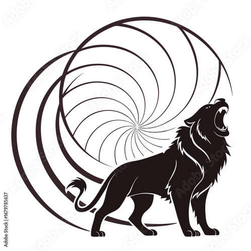 Lion roaring at spiral jewel silhouette