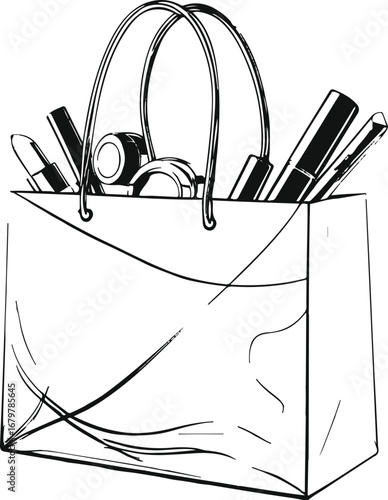 Minimal line art cosmetic shopping bag with makeup products inside, elegant abstract vector outline.