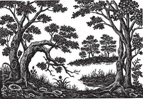 Intricate monochrome woodland scene illustrated with woodcut sty
