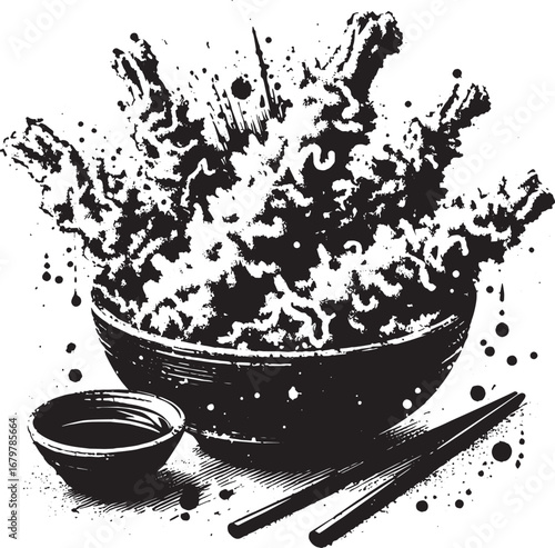 Artistic illustration of tempura ramen with dipping sauce and chopsticks in a bowl