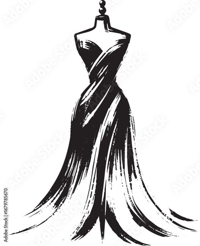 Elegant dress form in sumi-e style, minimalist fashion logo conc