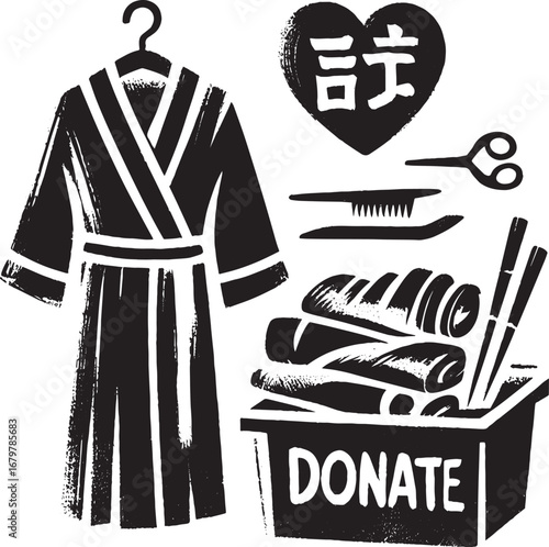 Ink wash illustration depicting clothing donation, embodying min