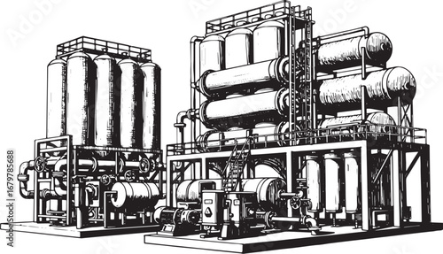 Detailed woodcut illustration depicting industrial processing fa