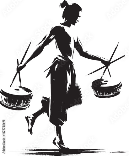 Serene monochrome depiction of a performer with cymbals in Sumi-