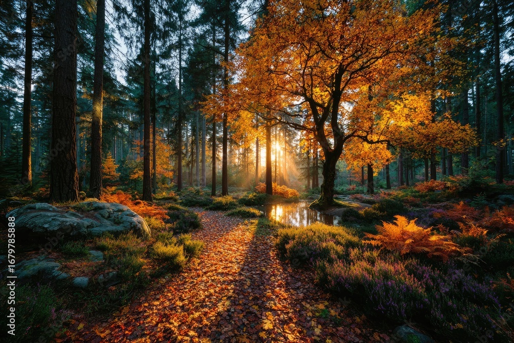 Obraz premium Autumn sunlight streams through a forest. Golden hues bathe the trees and fallen leaves. A path winds through the woods