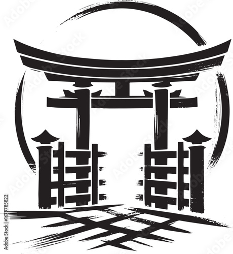 Abstract Sumi-e style Torii gate design with dynamic brush strok