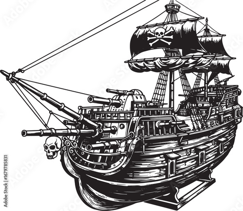 Intricate woodcut illustration of a heavily armed space pirate g