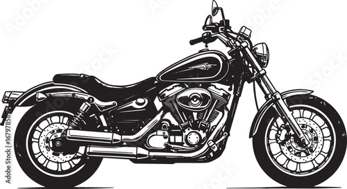 Detailed Monochrome Illustration of a Classic Cruiser Motorcycle