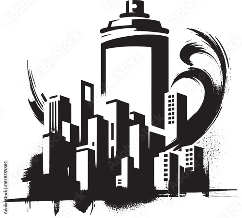 Monochrome Urban Expression: Brushstroke Cityscape with Spray Ca