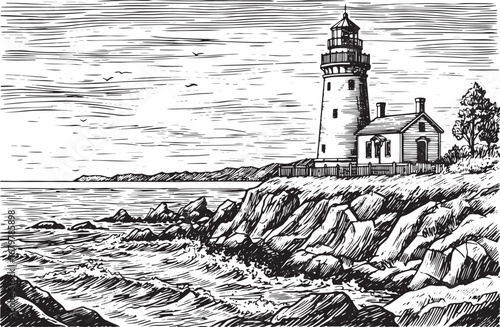 Scenic coastal lighthouse drawing with ocean waves and vintage e
