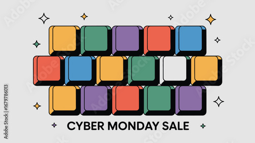 A cyber monday sale graphic featuring colorful square speech bubbles and star accents on a light gray background