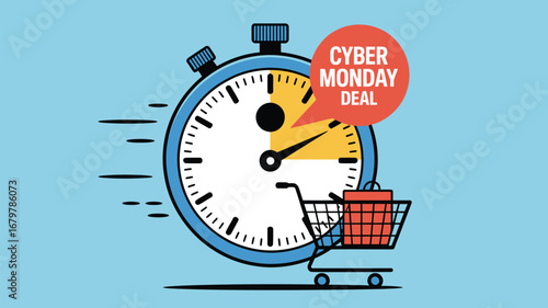 A cartoon style image featuring a clock with cyber monday deal and a shopping cart on a blue background