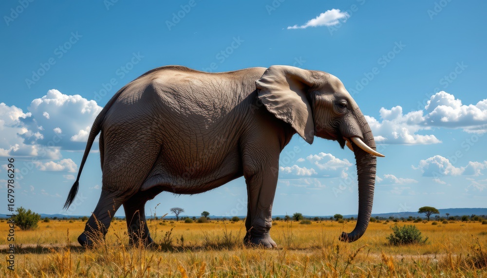 Fototapeta premium A colossal, grey skinned pachyderm, exuding age and wisdom, dominates the savannahs edge beneath an endless azure canvas, Angular planes define its form, breaking its wrinkled hide into sharp