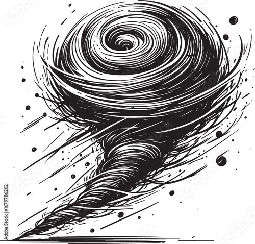 Detailed Black and White Illustration of a Powerful Tornado Showing Atmospheric Weather Phenomenon