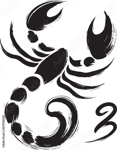 Minimalist Scorpio Zodiac Sign Sumi-e Illustration with Brush St